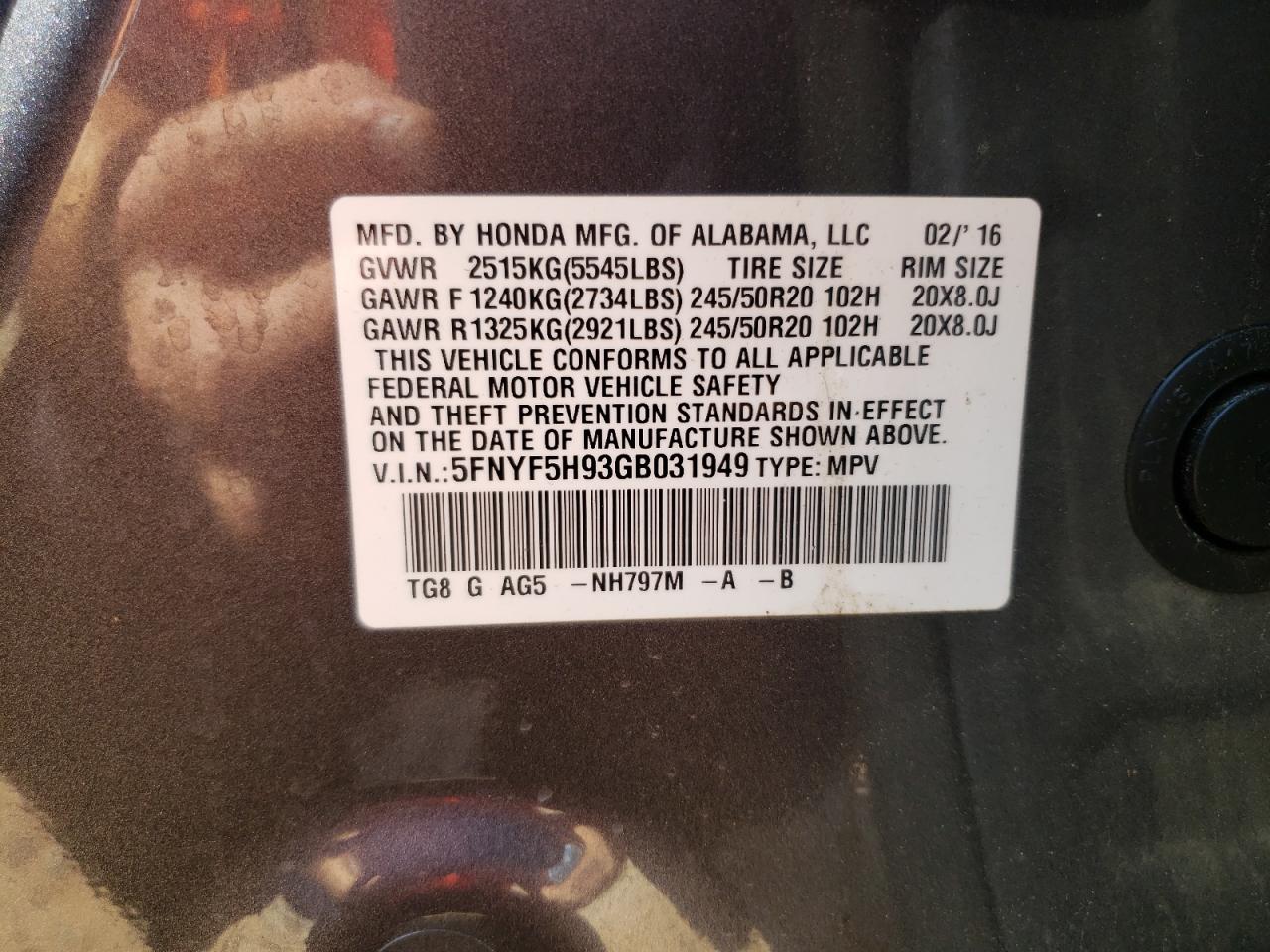 5FNYF5H93GB031949 2016 Honda Pilot Touring
