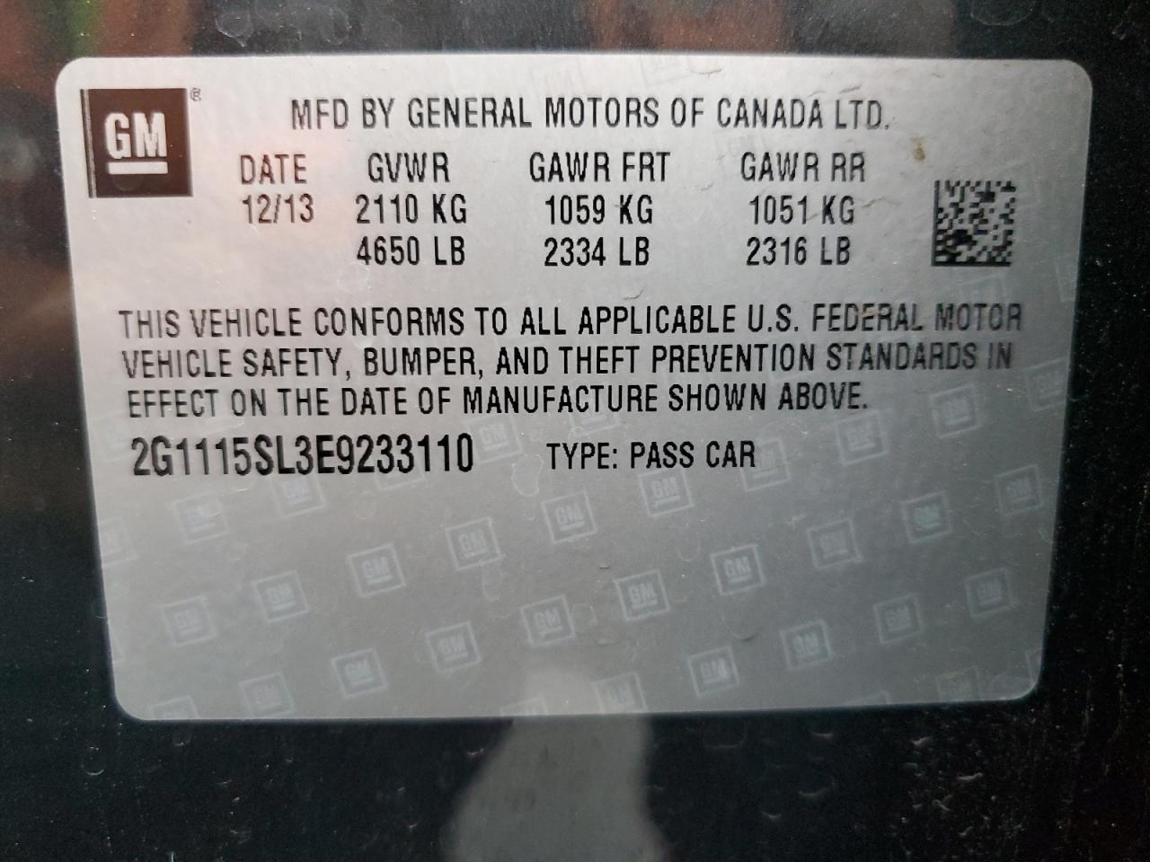 2G1115SL3E9233110 2014 Chevrolet Impala Lt