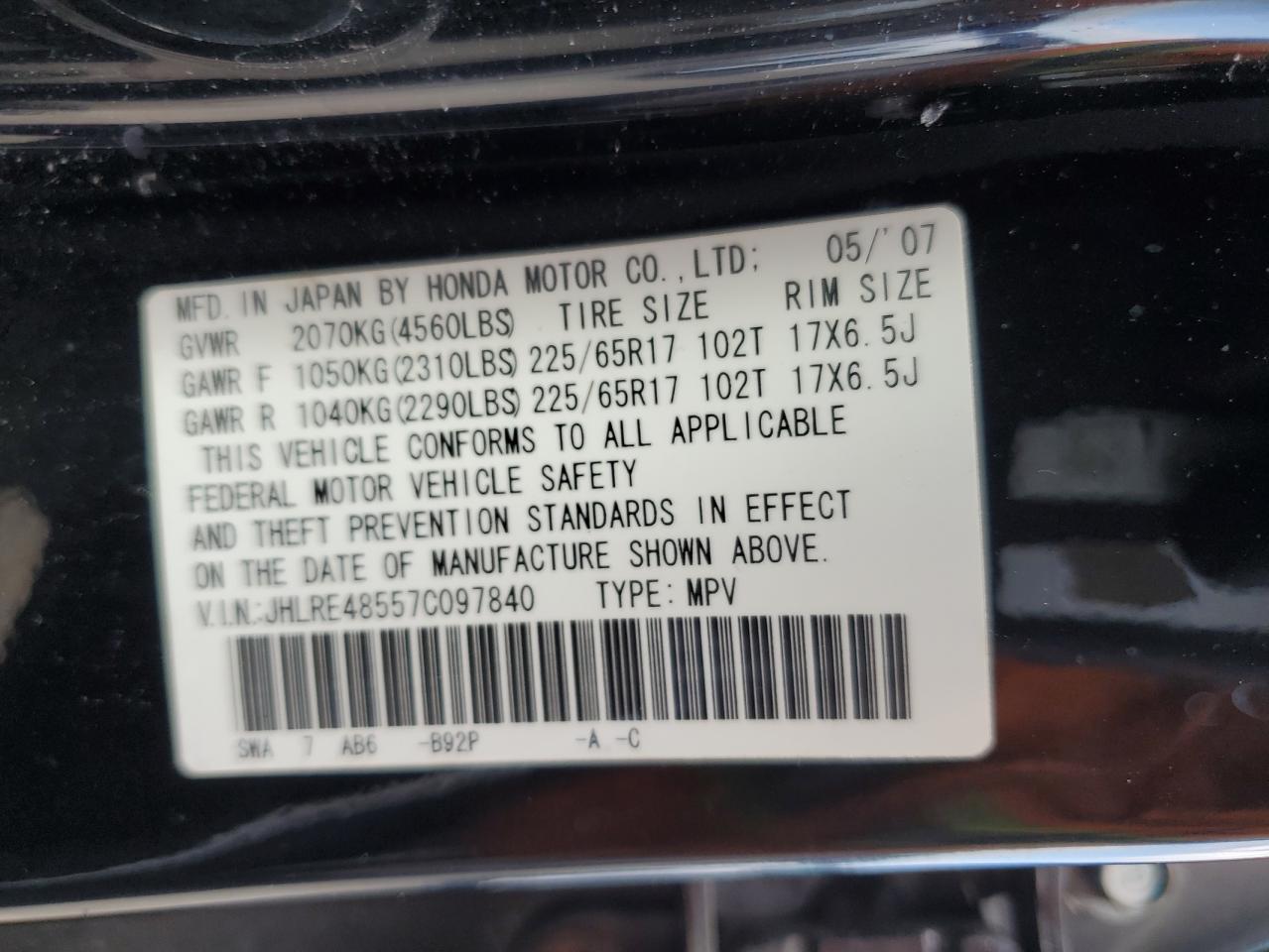 JHLRE48557C097840 2007 Honda Cr-V Ex