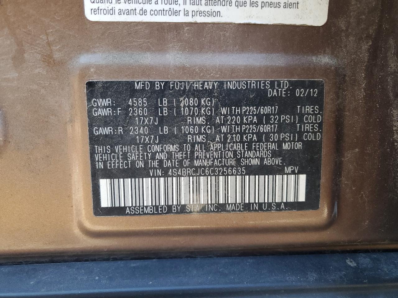 4S4BRCJC6C3256635 2012 Subaru Outback 2.5I Limited