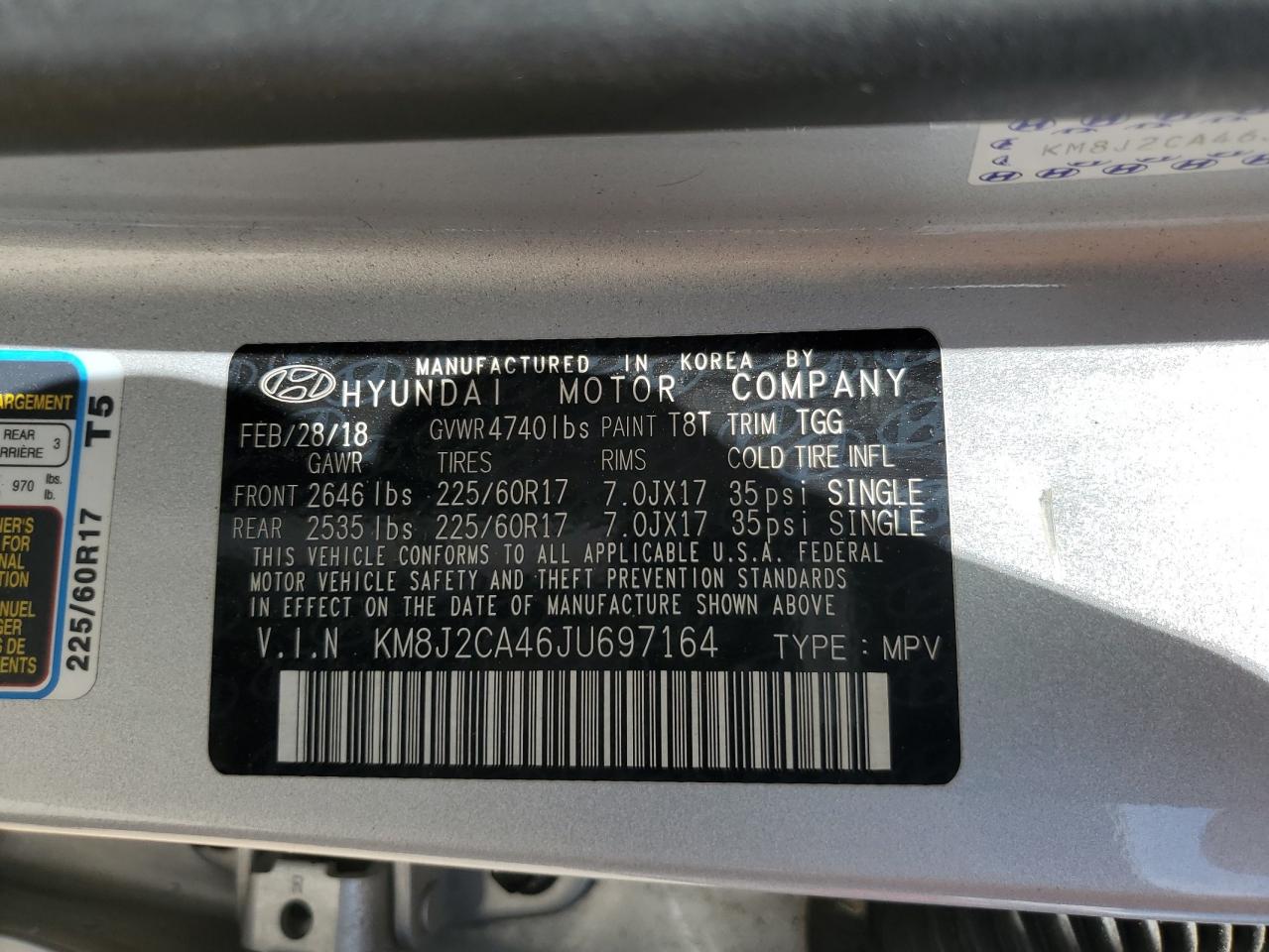 KM8J2CA46JU697164 2018 Hyundai Tucson Se