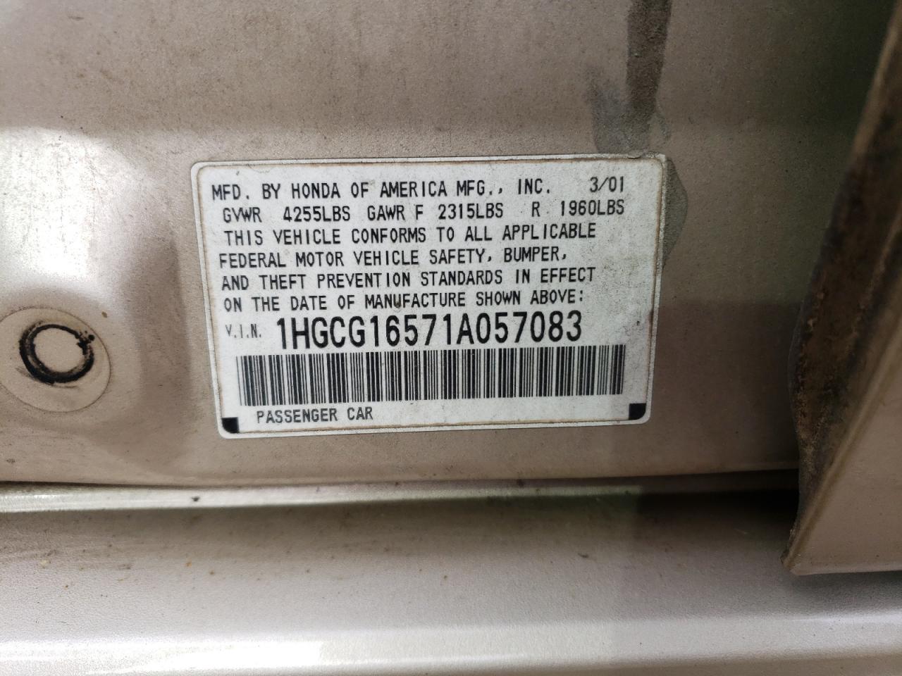 1HGCG16571A057083 2001 Honda Accord Ex