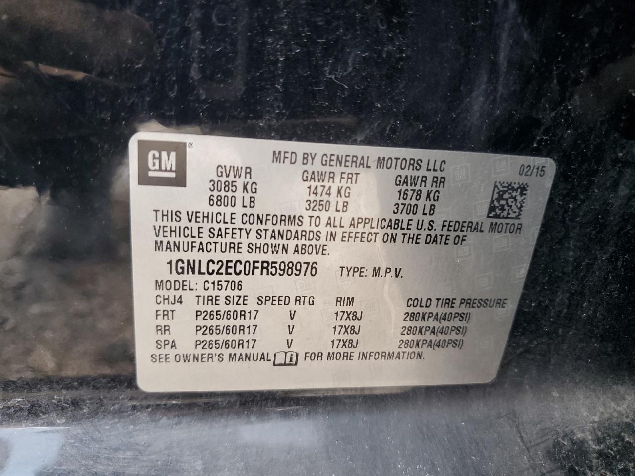 1GNLC2EC0FR598976 2015 Chevrolet Tahoe Police