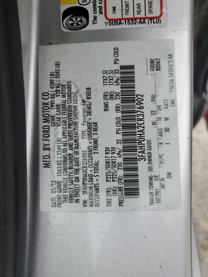 3FAHP0HA2CR376902 2012 Ford Fusion Se
