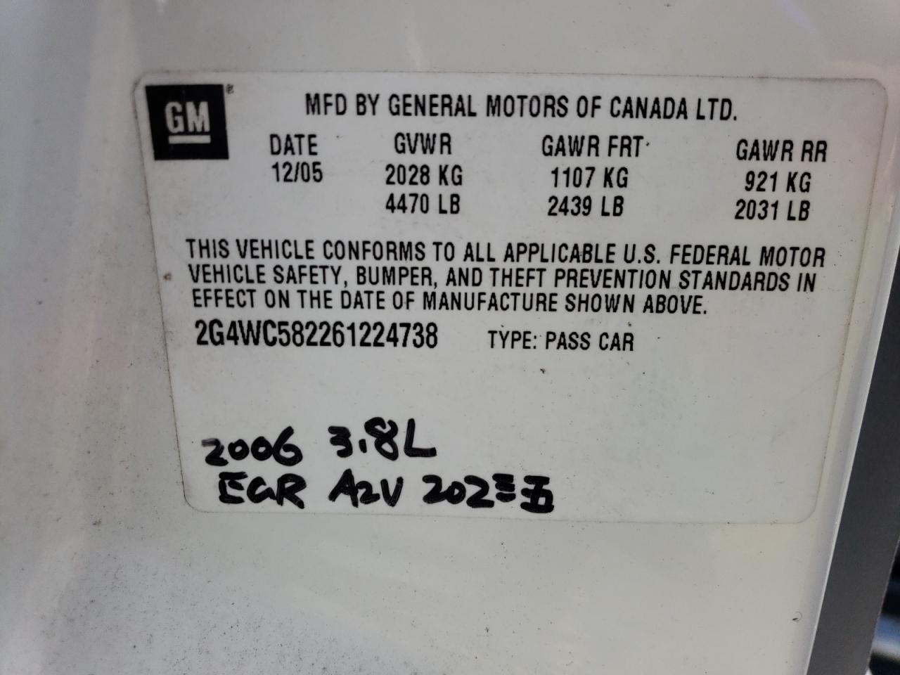 2G4WC582261224738 2006 Buick Lacrosse Cx