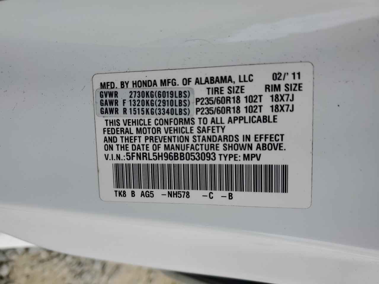 5FNRL5H96BB053093 2011 Honda Odyssey Touring