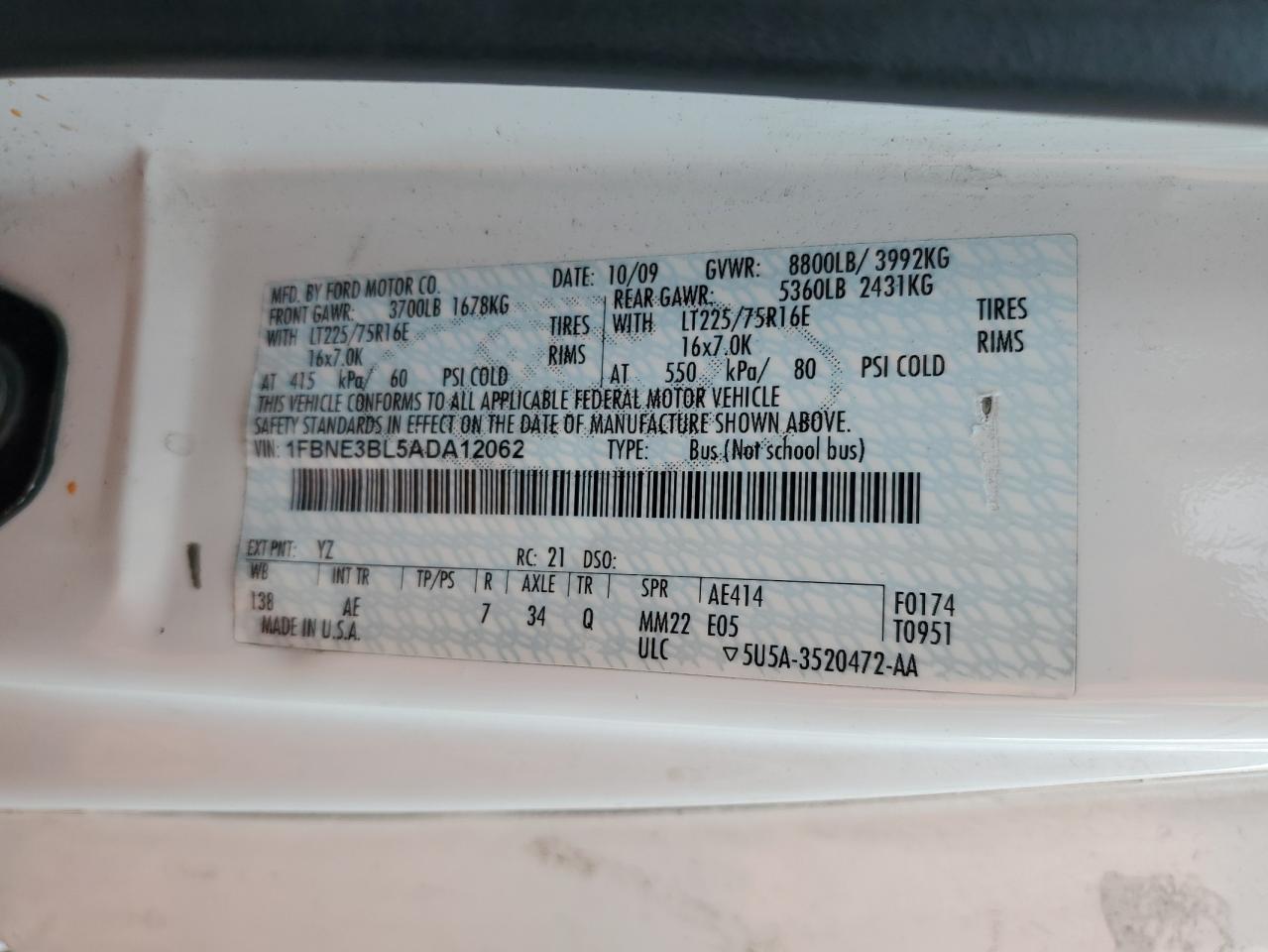 1FBNE3BL5ADA12062 2010 Ford Econoline E350 Super Duty Wagon