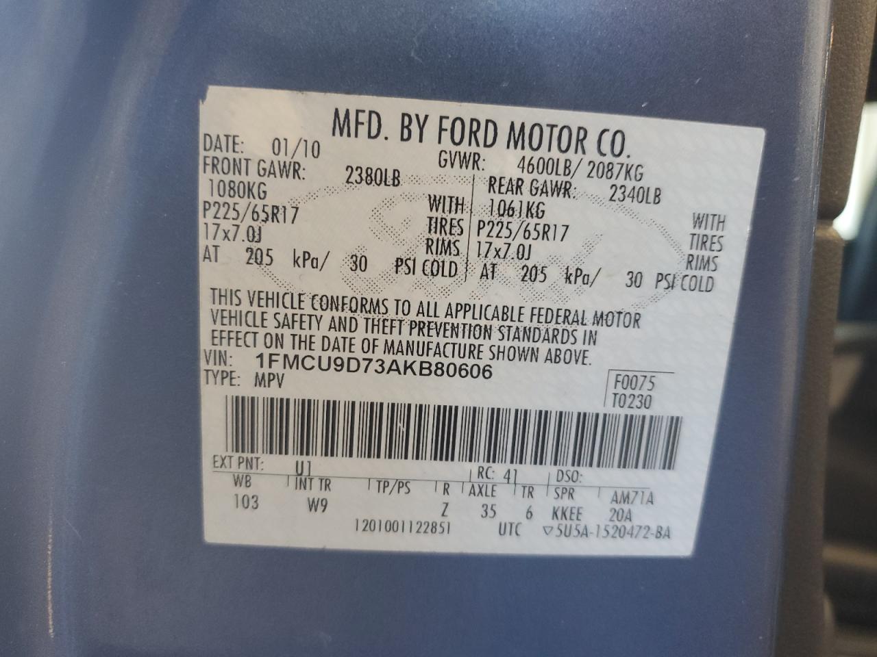 1FMCU9D73AKB80606 2010 Ford Escape Xlt