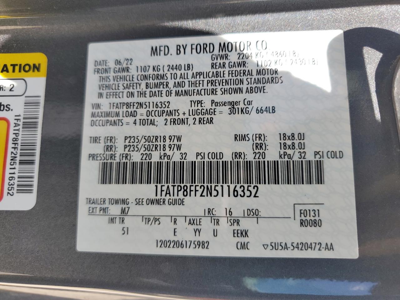 1FATP8FF2N5116352 2022 Ford Mustang Gt