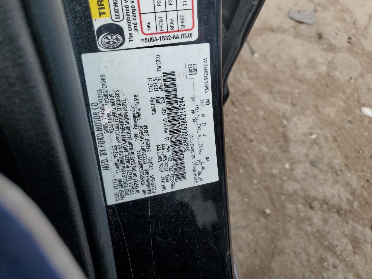 3FAHP0CG3BR219244 2011 Ford Fusion Sel