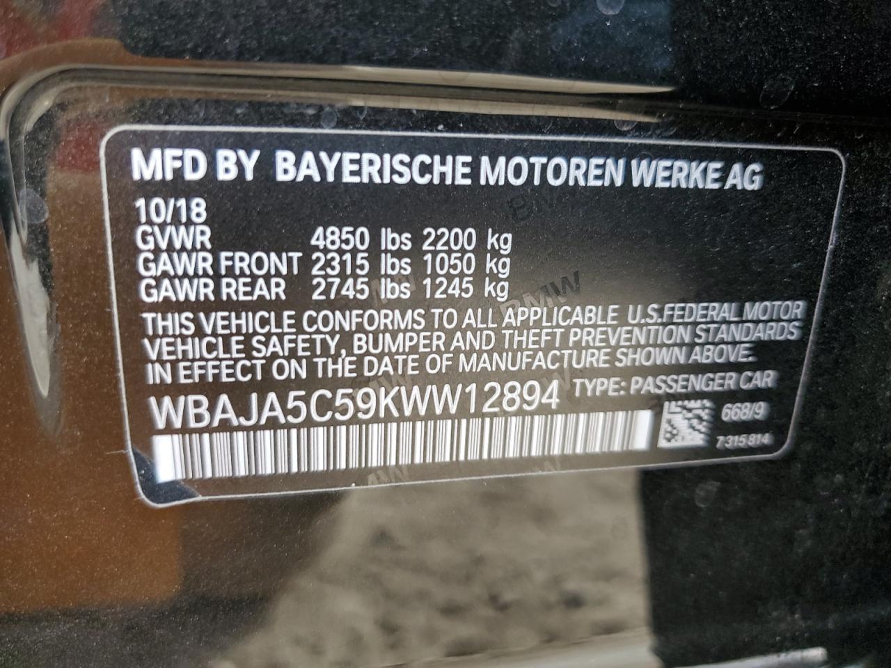 WBAJA5C59KWW12894 2019 BMW 530 I