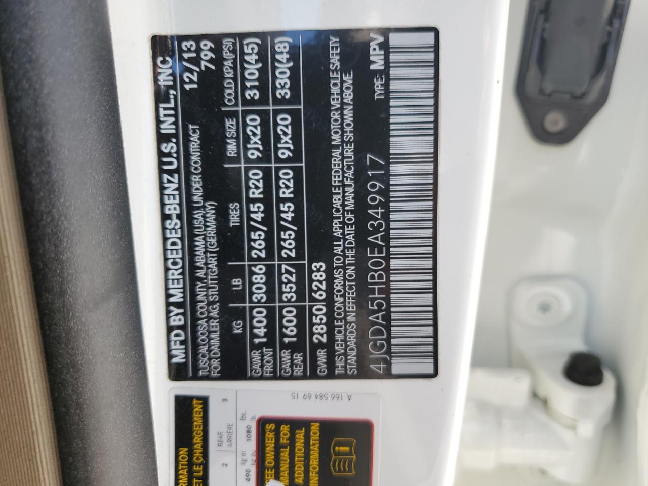 4JGDA5HB0EA349917 2014 Mercedes-Benz Ml 350 4Matic