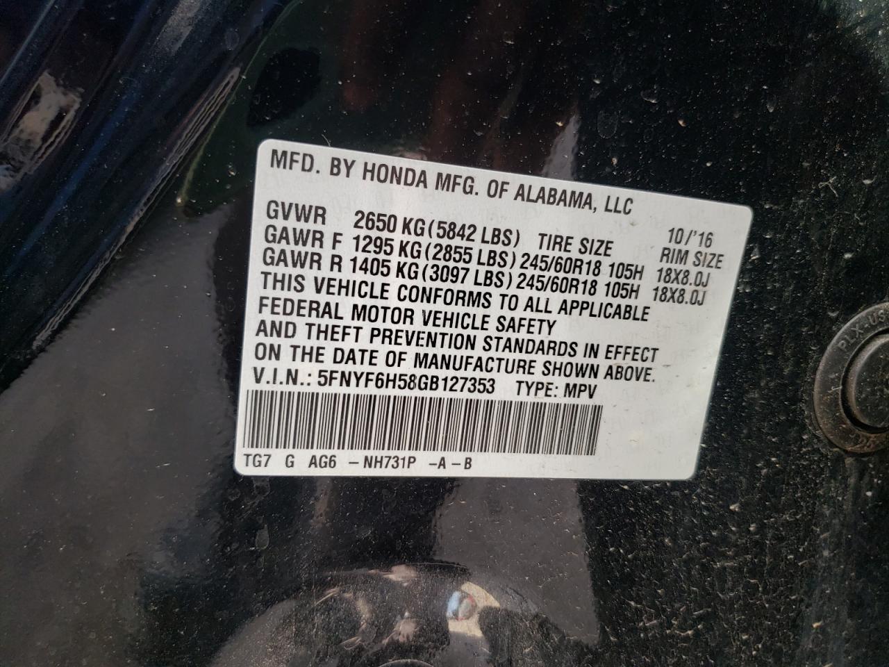 5FNYF6H58GB127353 2016 Honda Pilot Exl