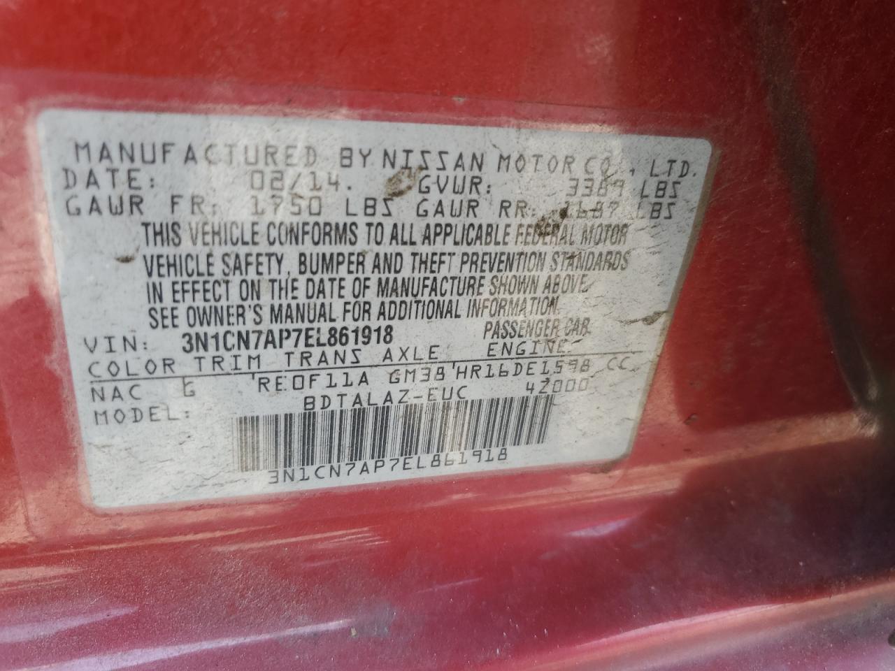 3N1CN7AP7EL861918 2014 Nissan Versa S