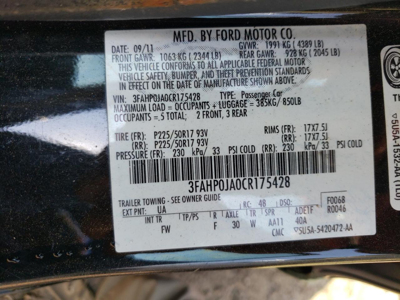 3FAHP0JA0CR175428 2012 Ford Fusion Sel