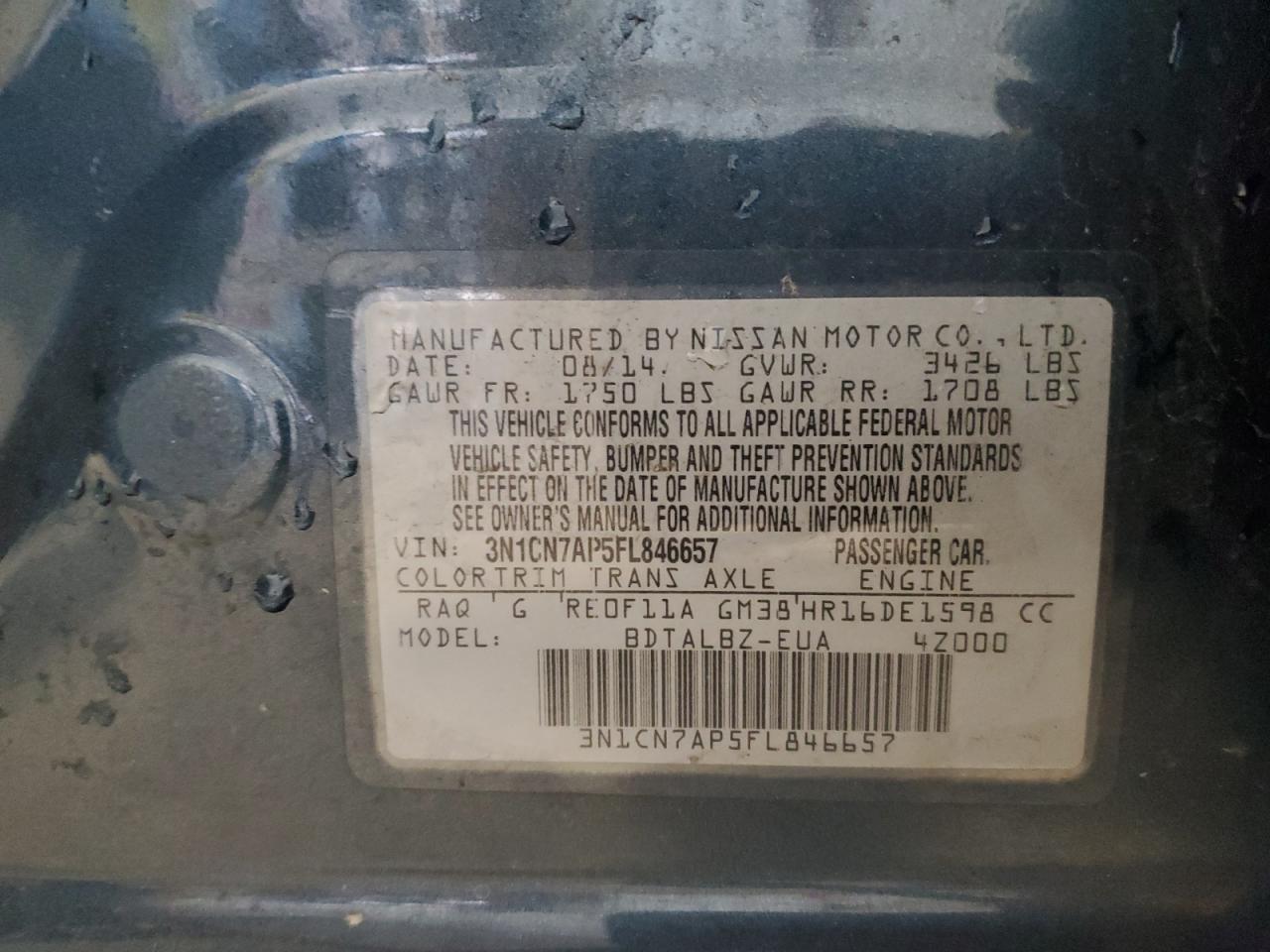 3N1CN7AP5FL846657 2015 Nissan Versa S