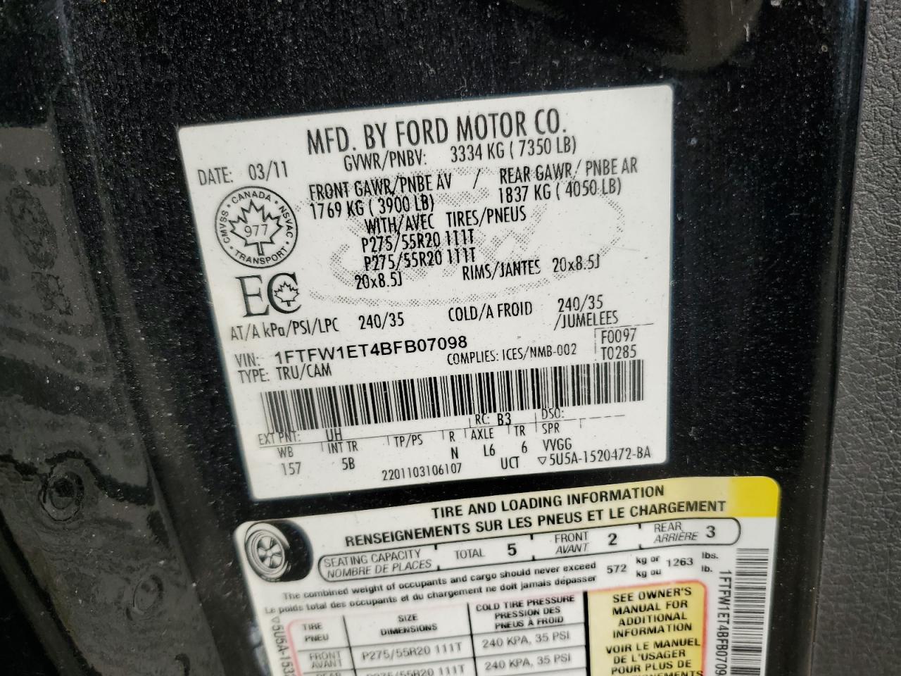 1FTFW1ET4BFB07098 2011 Ford F150 Supercrew