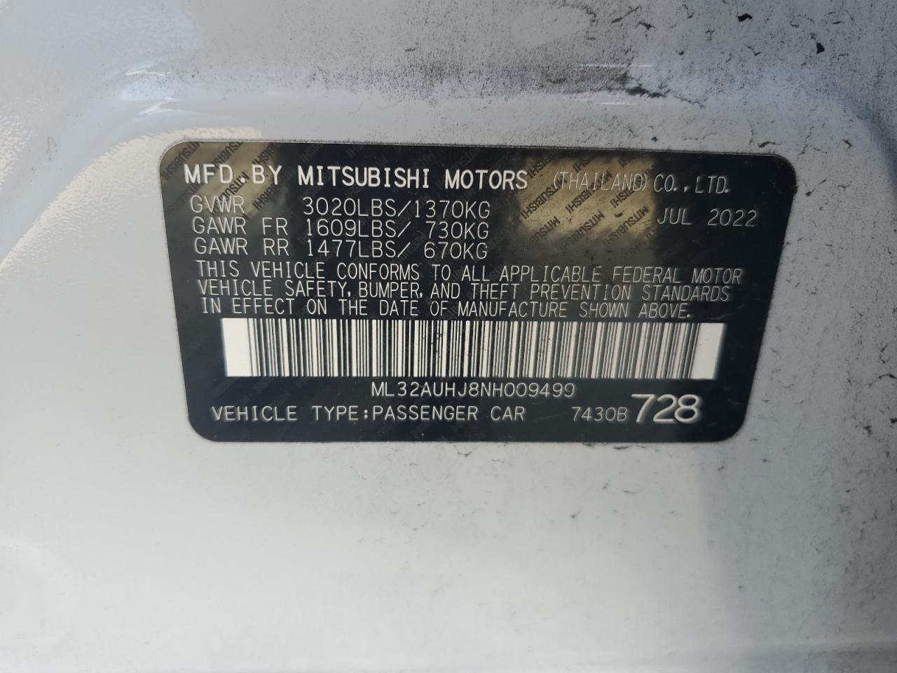 ML32AUHJ8NH009499 2022 Mitsubishi Mirage Es