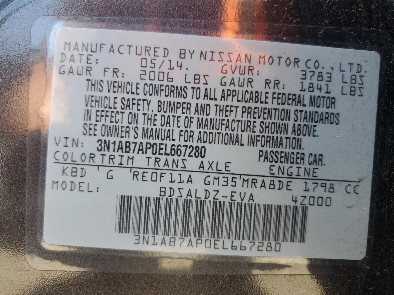 3N1AB7AP0EL667280 2014 Nissan Sentra S