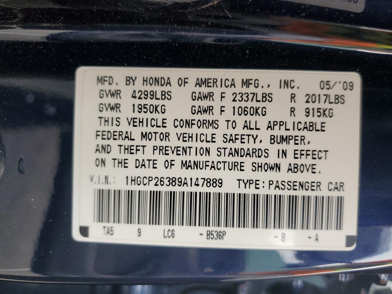 1HGCP26389A147889 2009 Honda Accord Lx