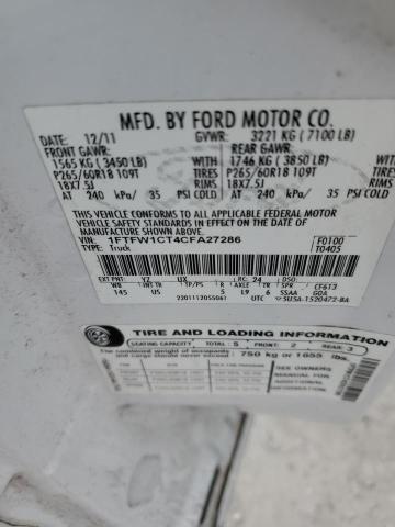 2012 Ford F150 Supercrew VIN: 1FTFW1CT4CFA27286 Lot: 59711164