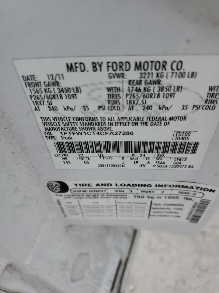 1FTFW1CT4CFA27286 2012 Ford F150 Supercrew