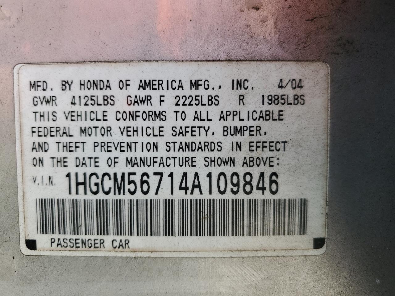 1HGCM56714A109846 2004 Honda Accord Ex