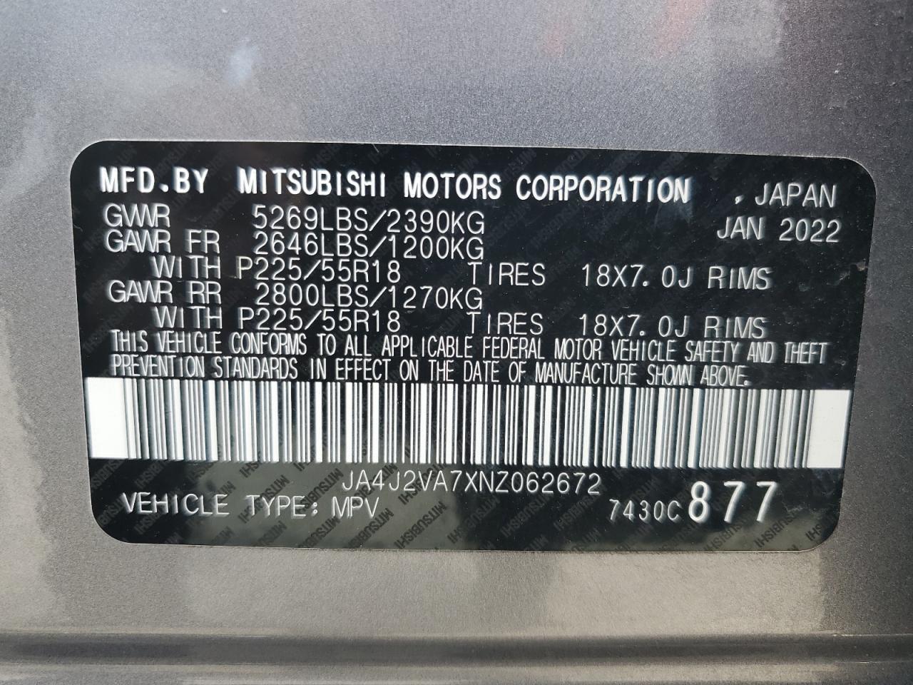 2022 Mitsubishi Outlander Sel vin: JA4J2VA7XNZ062672