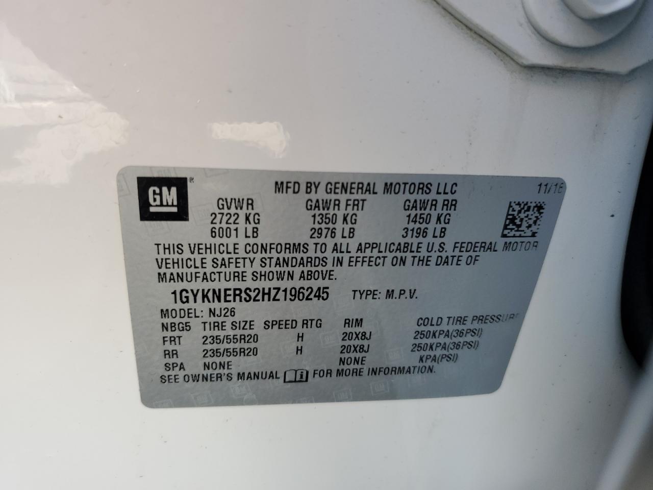 1GYKNERS2HZ196245 2017 Cadillac Xt5 Premium Luxury