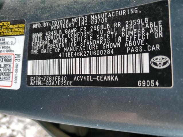 2007 Toyota Camry Ce VIN: 4T1BE46K27U600284 Lot: 60697144