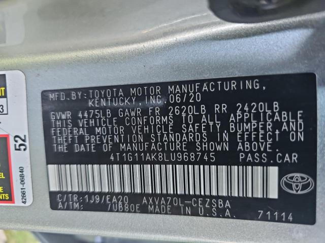 4T1G11AK8LU968745 2020 Toyota Camry Se