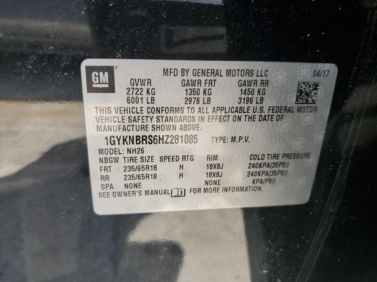 1GYKNBRS6HZ281085 2017 Cadillac Xt5 Luxury