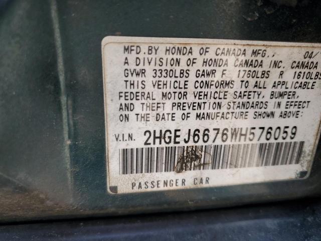 1998 Honda Civic Lx VIN: 2HGEJ6676WH576059 Lot: 59727104