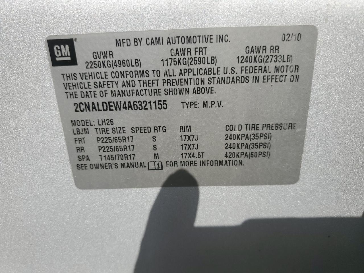 2CNALDEW4A6321155 2010 Chevrolet Equinox Lt