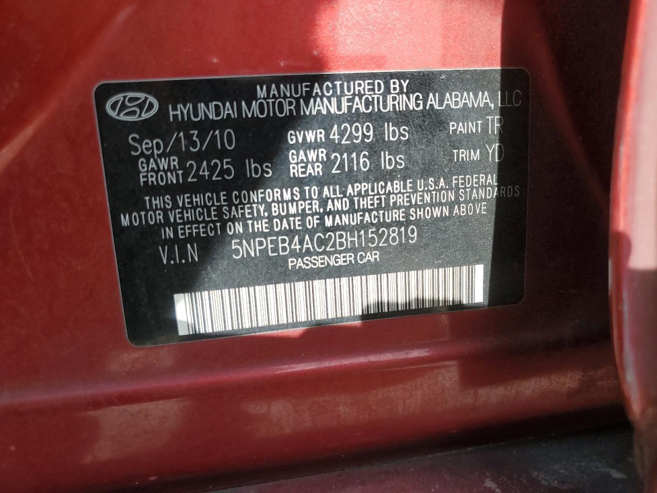 5NPEB4AC2BH152819 2011 Hyundai Sonata Gls