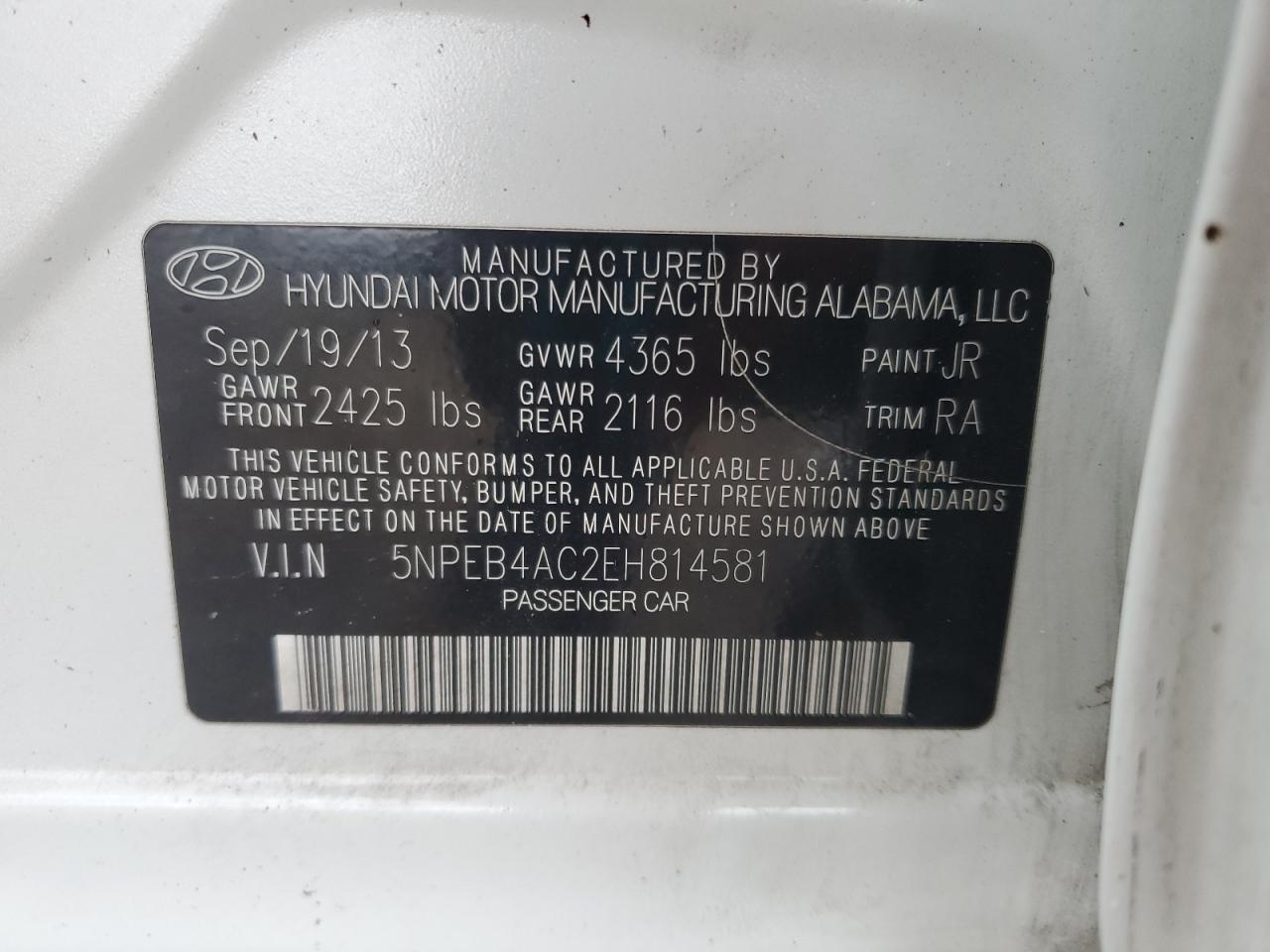 5NPEB4AC2EH814581 2014 Hyundai Sonata Gls