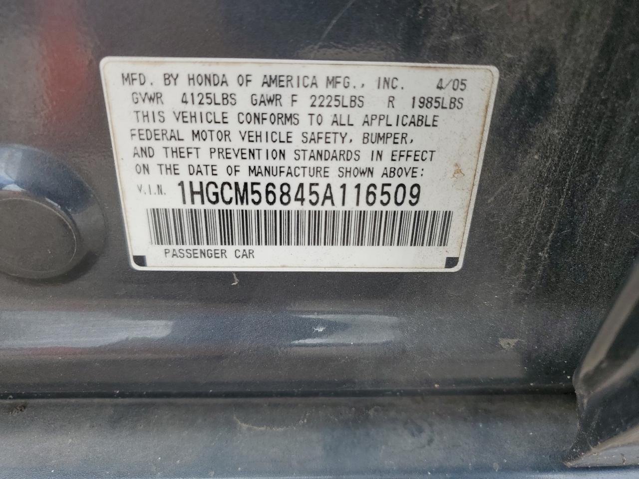 1HGCM56845A116509 2005 Honda Accord Ex