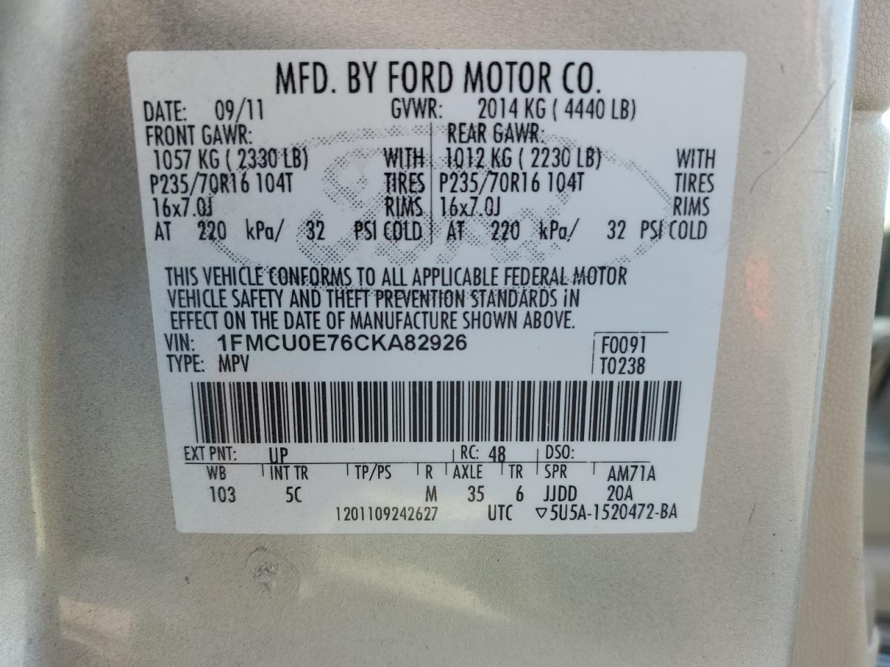 2012 Ford Escape Limited vin: 1FMCU0E76CKA82926