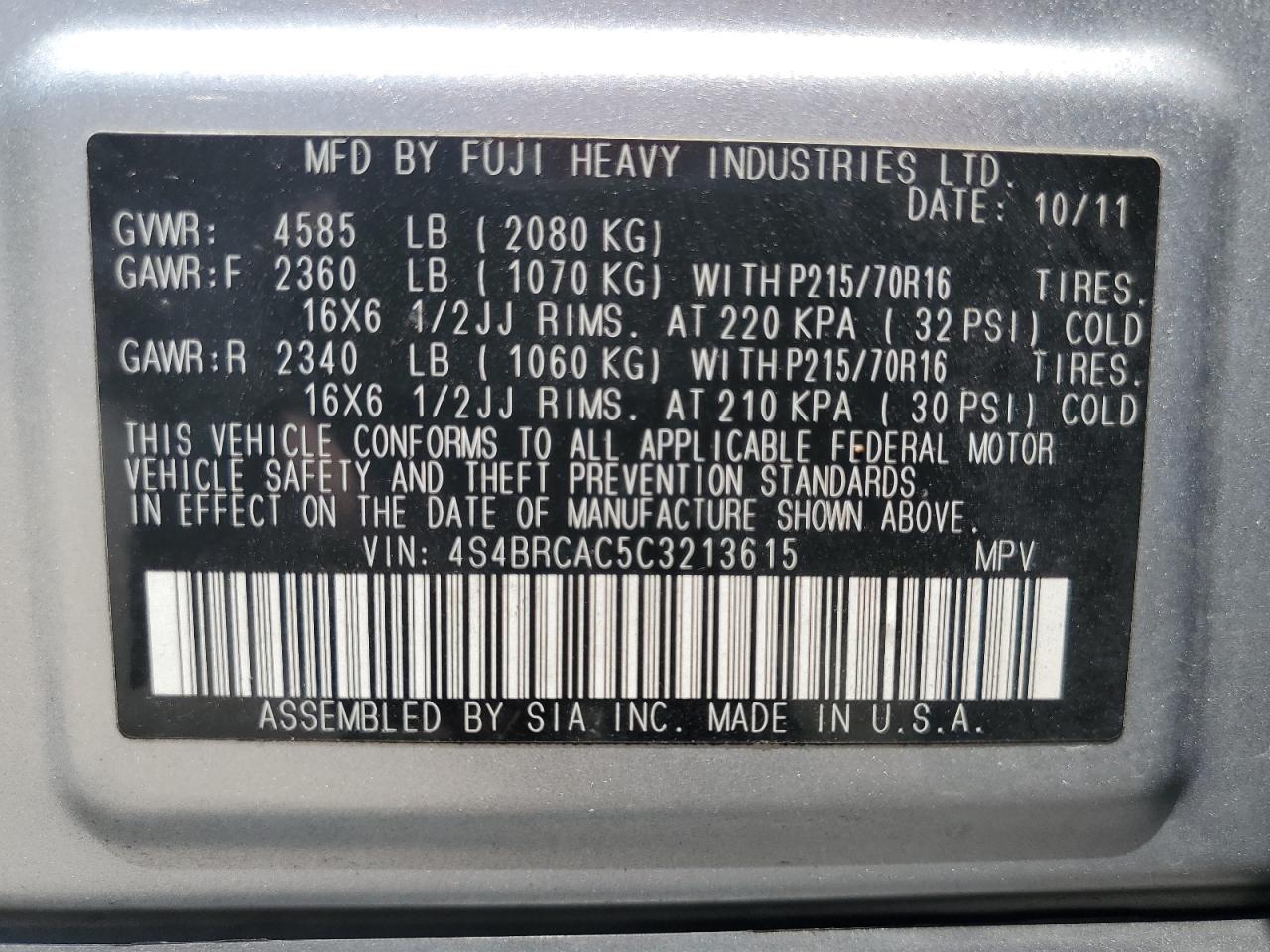 4S4BRCAC5C3213615 2012 Subaru Outback 2.5I