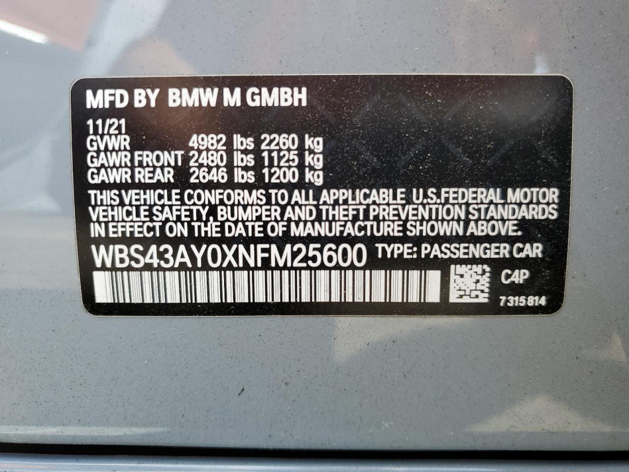 WBS43AY0XNFM25600 2022 BMW M3 Competition