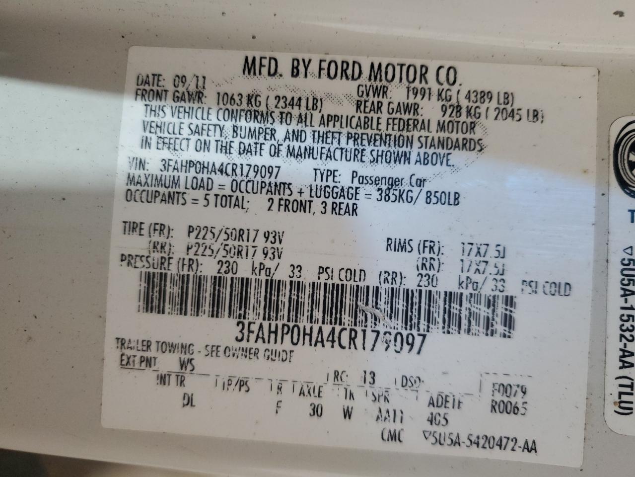 3FAHP0HA4CR179097 2012 Ford Fusion Se