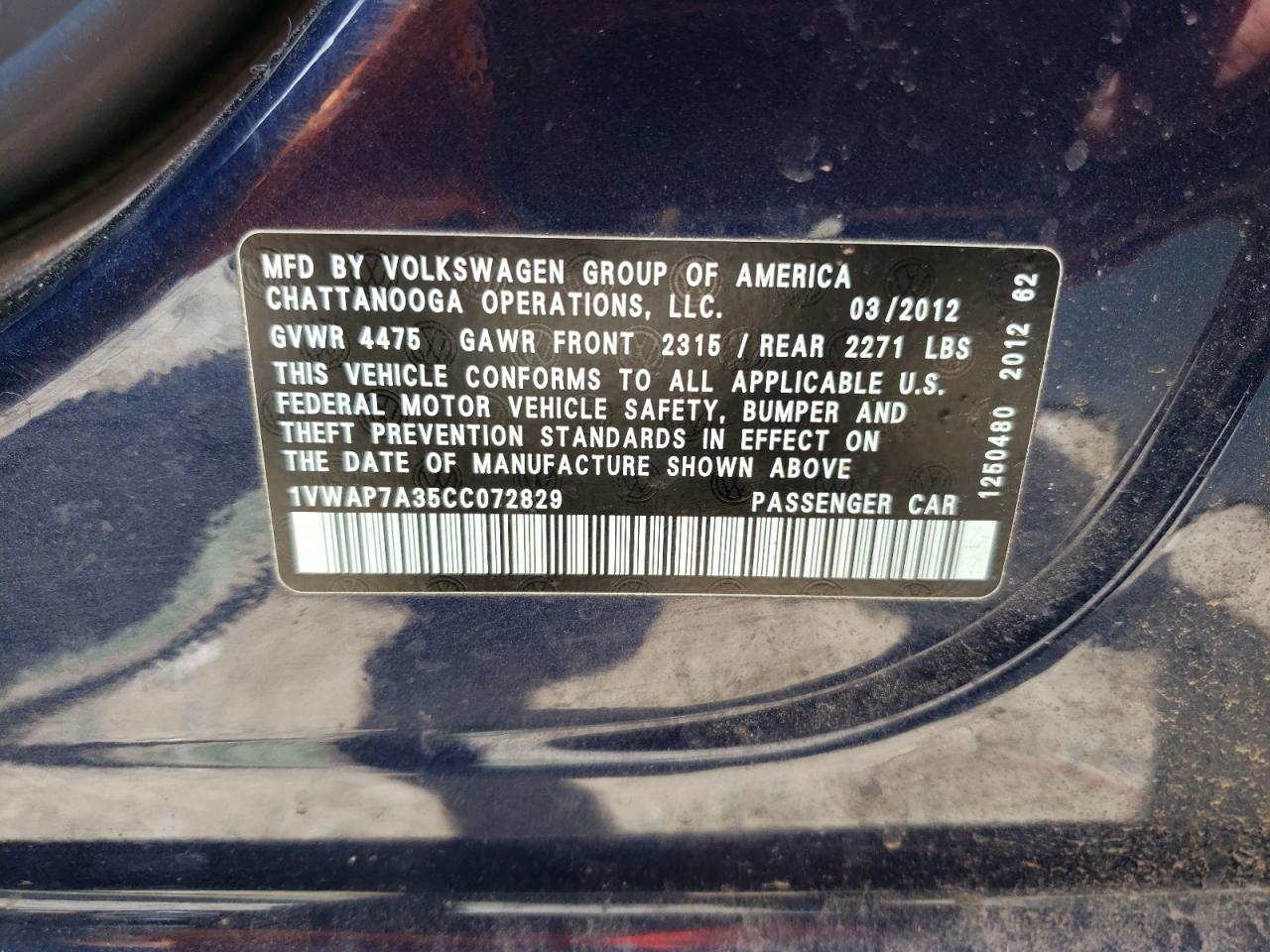 1VWAP7A35CC072829 2012 Volkswagen Passat S