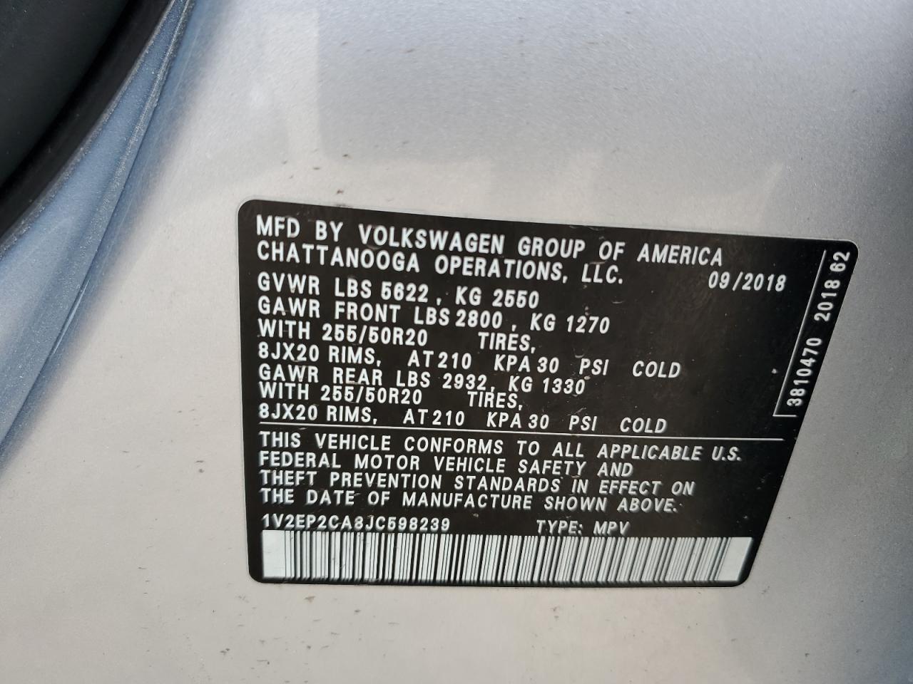 1V2EP2CA8JC598239 2018 Volkswagen Atlas Sel