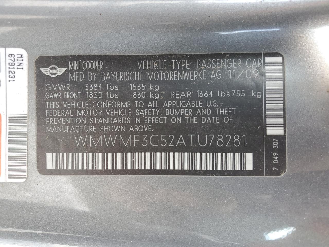 WMWMF3C52ATU78281 2010 Mini Cooper