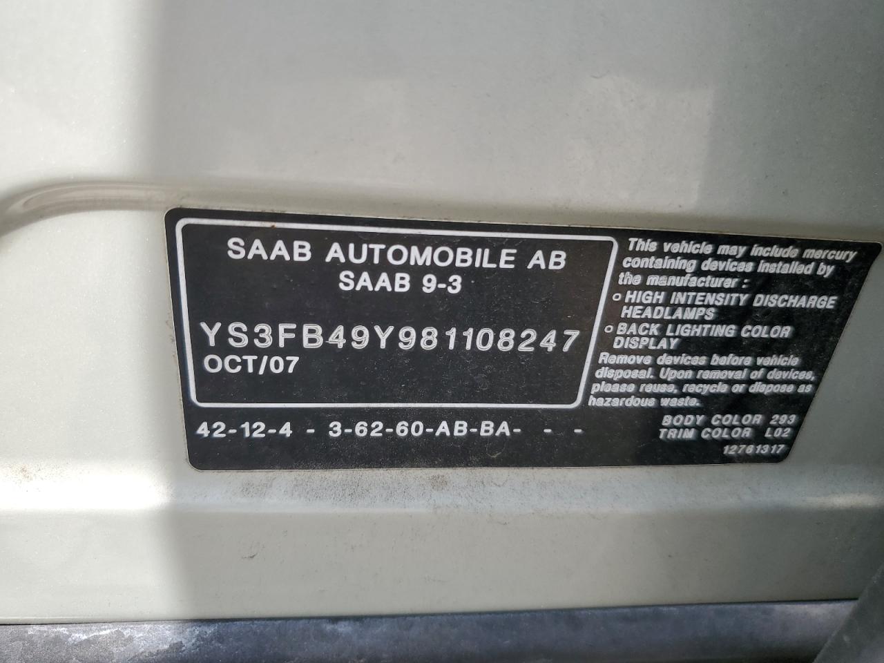 YS3FB49Y981108247 2008 Saab 9-3 2.0T