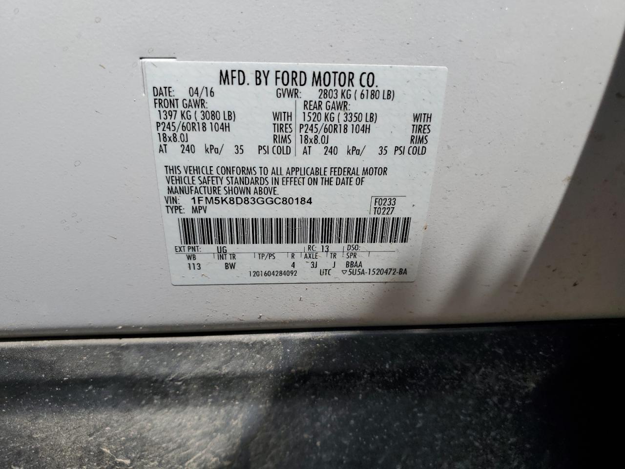 1FM5K8D83GGC80184 2016 Ford Explorer Xlt