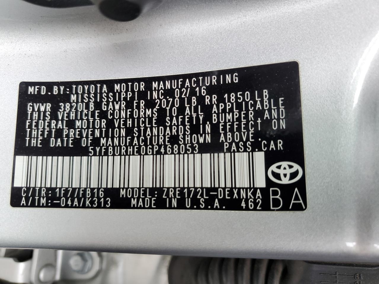 5YFBURHE0GP468053 2016 Toyota Corolla L