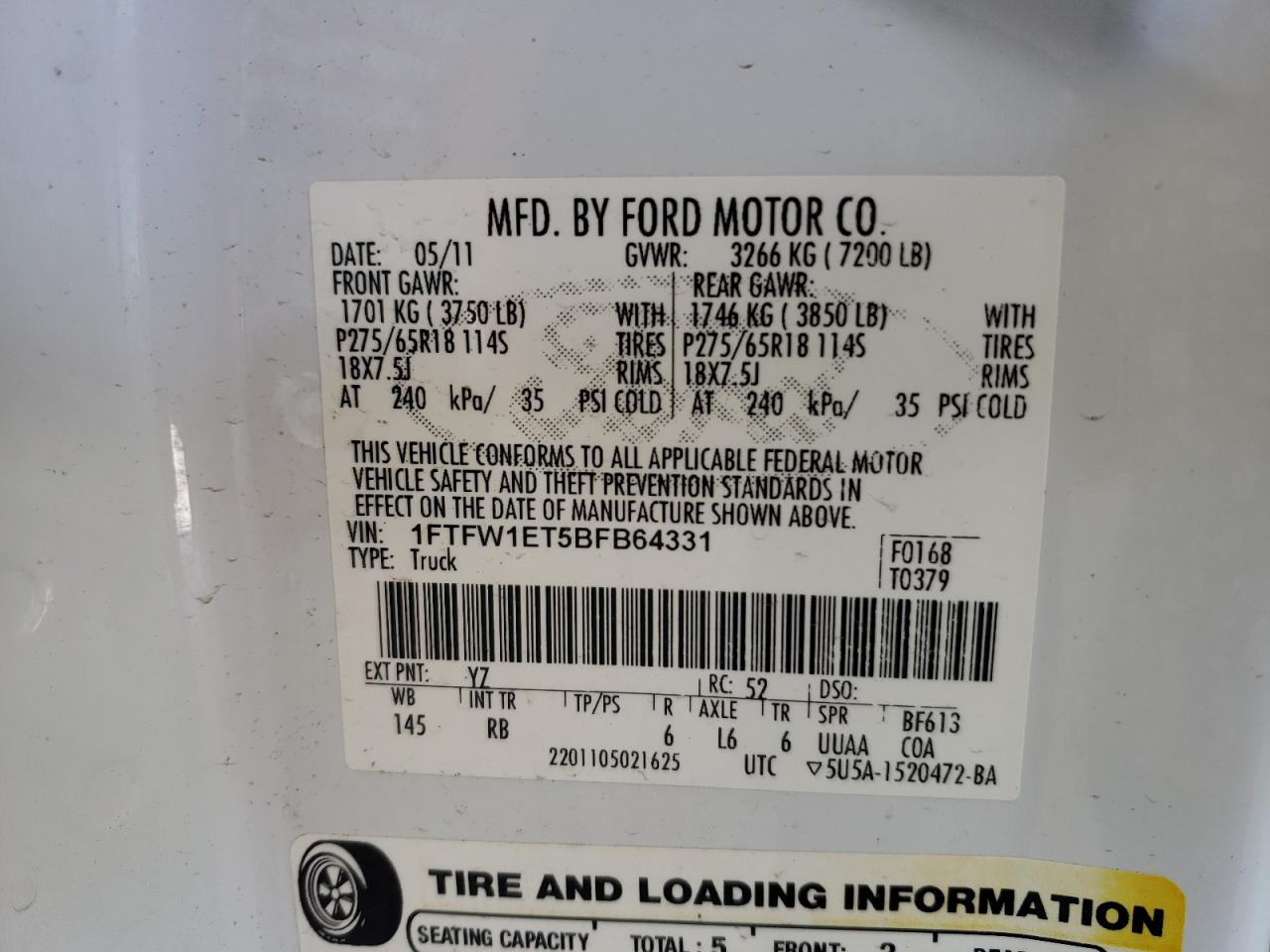 1FTFW1ET5BFB64331 2011 Ford F150 Supercrew