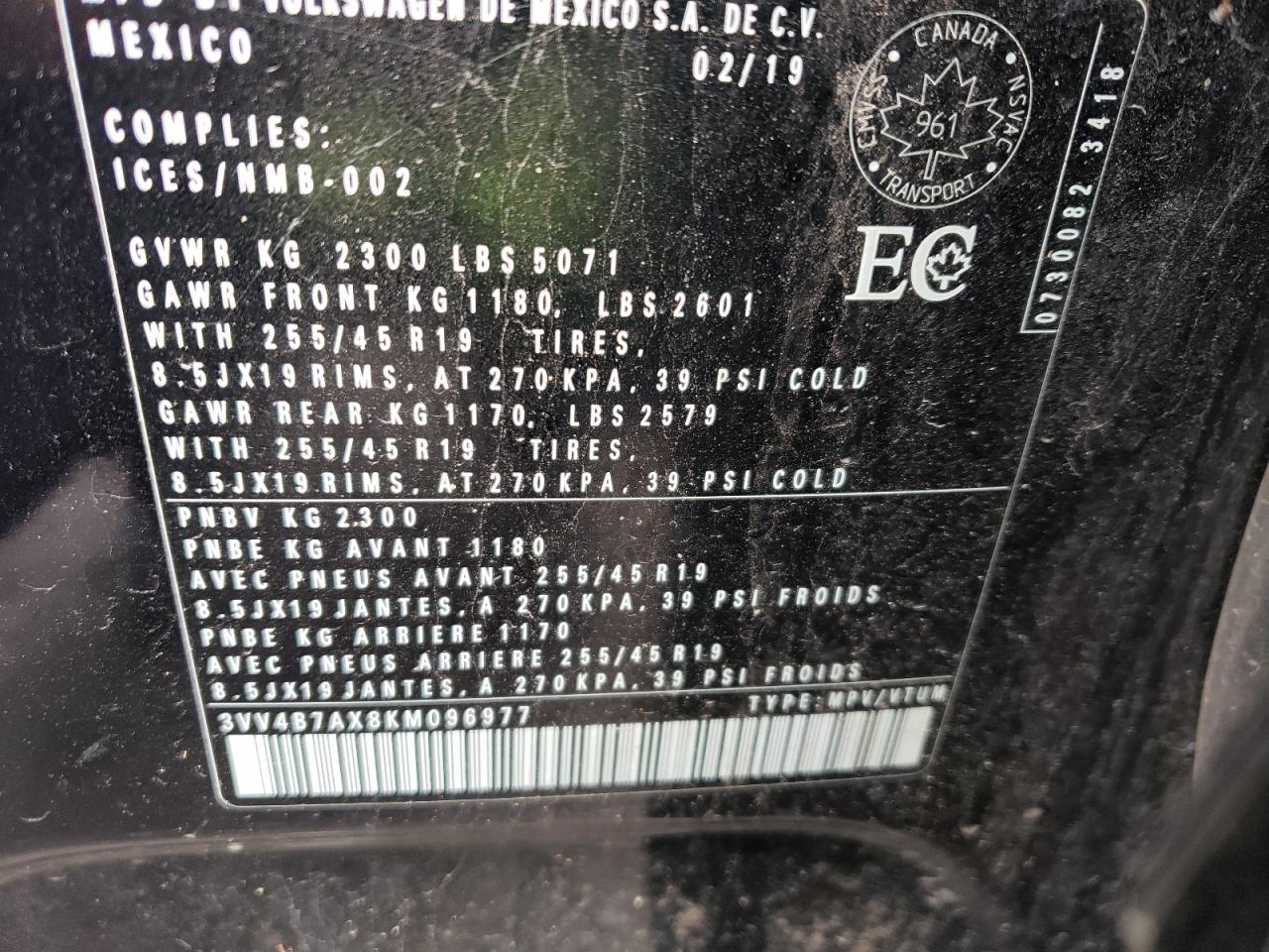 3VV4B7AX8KM096977 2019 Volkswagen Tiguan Sel Premium