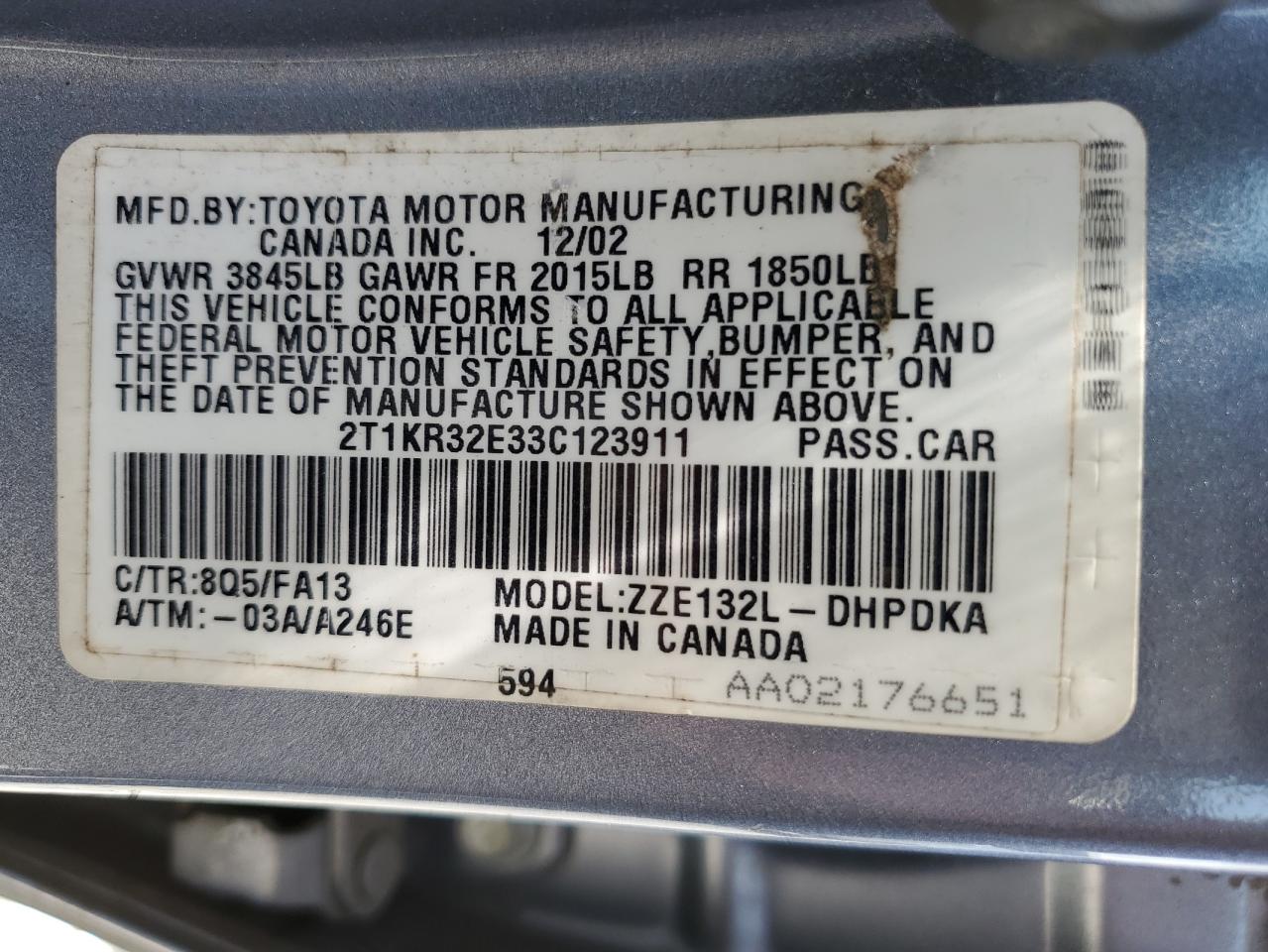 2T1KR32E33C123911 2003 Toyota Corolla Matrix Xr